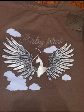 Baby Phat Brown Tee with Silver Winged Cat and White Clouds